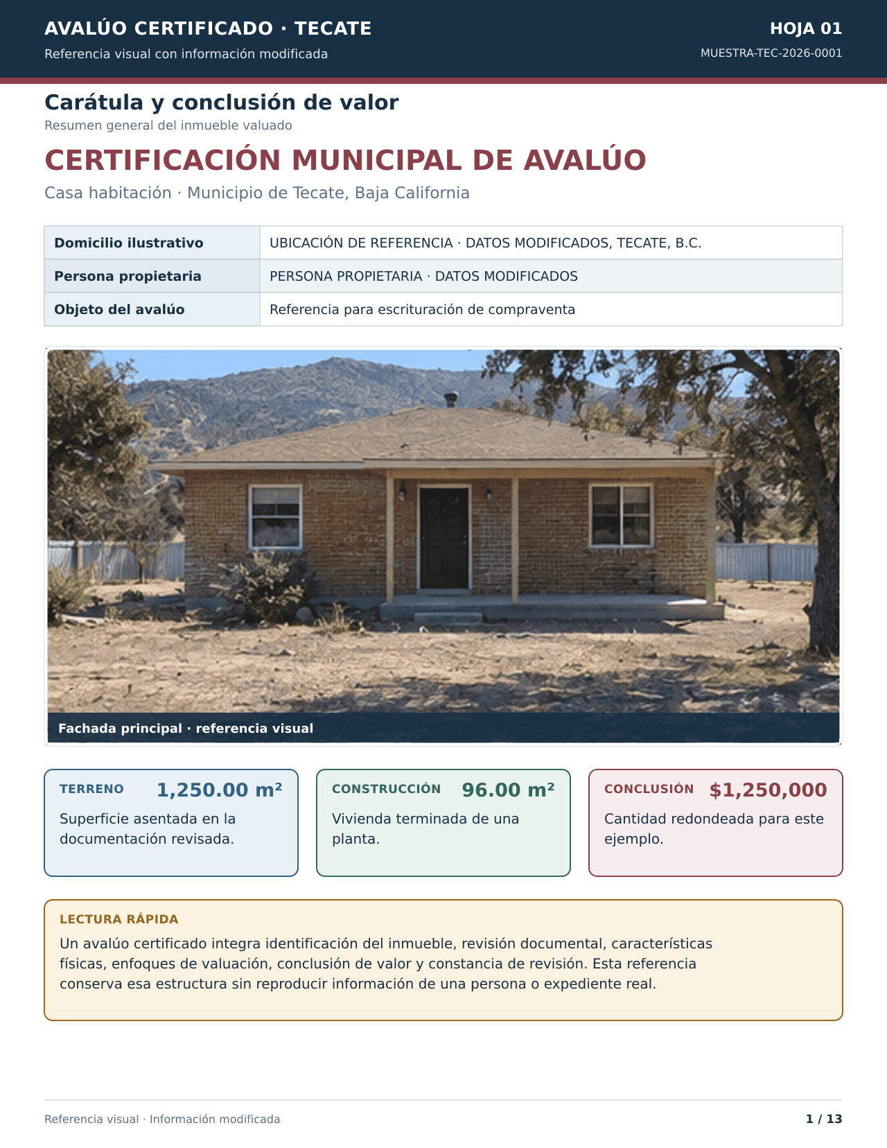 Primera hoja ficticia de un avalúo certificado con resumen del inmueble, valor y fotografía exterior.