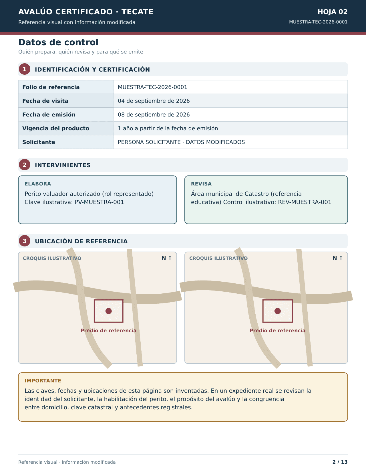 Segunda hoja ficticia del avalúo con datos del perito, fechas, finalidad y localización general.