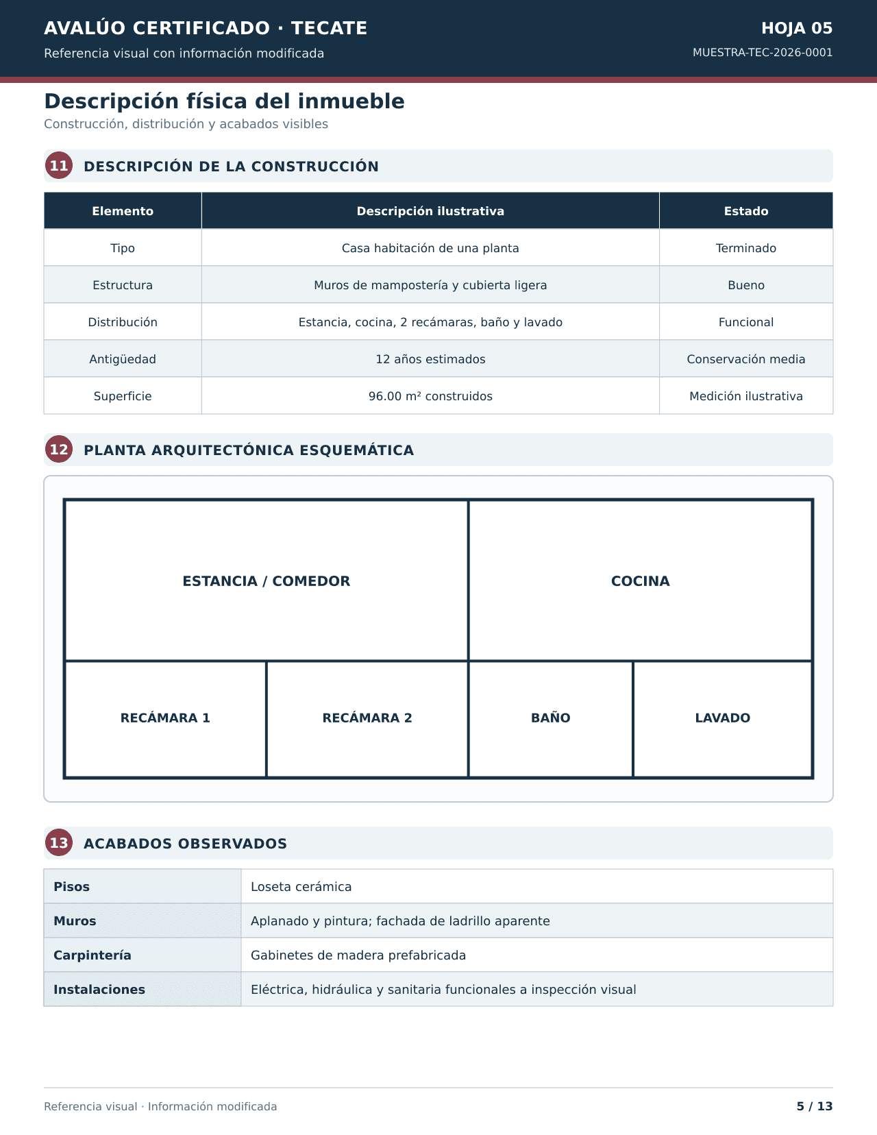Quinta hoja ficticia del avalúo con descripción de construcción, conservación y plano de distribución.