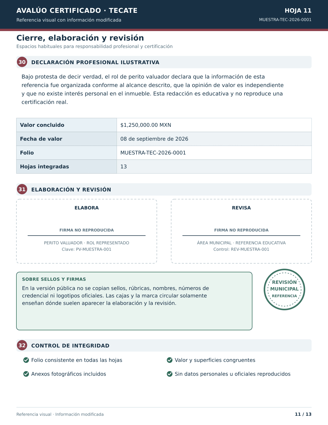 Undécima hoja ficticia del avalúo con resumen de enfoques, conclusión, firma del perito y revisión municipal.