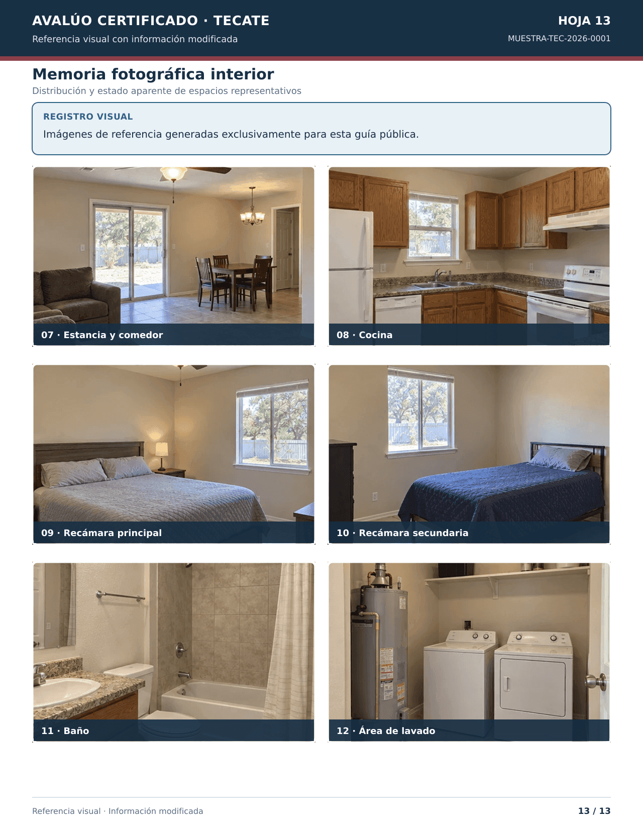 Decimotercera hoja ficticia del avalúo con memoria fotográfica interior de una vivienda ficticia.