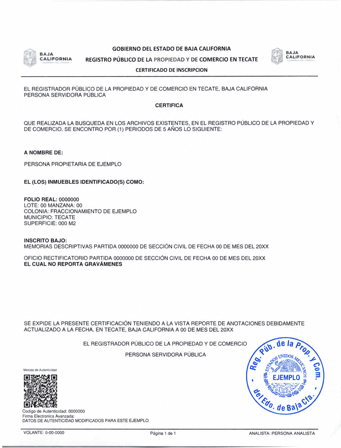 Ejemplo de un Certificado de Libertad de Gravámenes de RPPC con datos ficticios y ocho puntos explicativos.