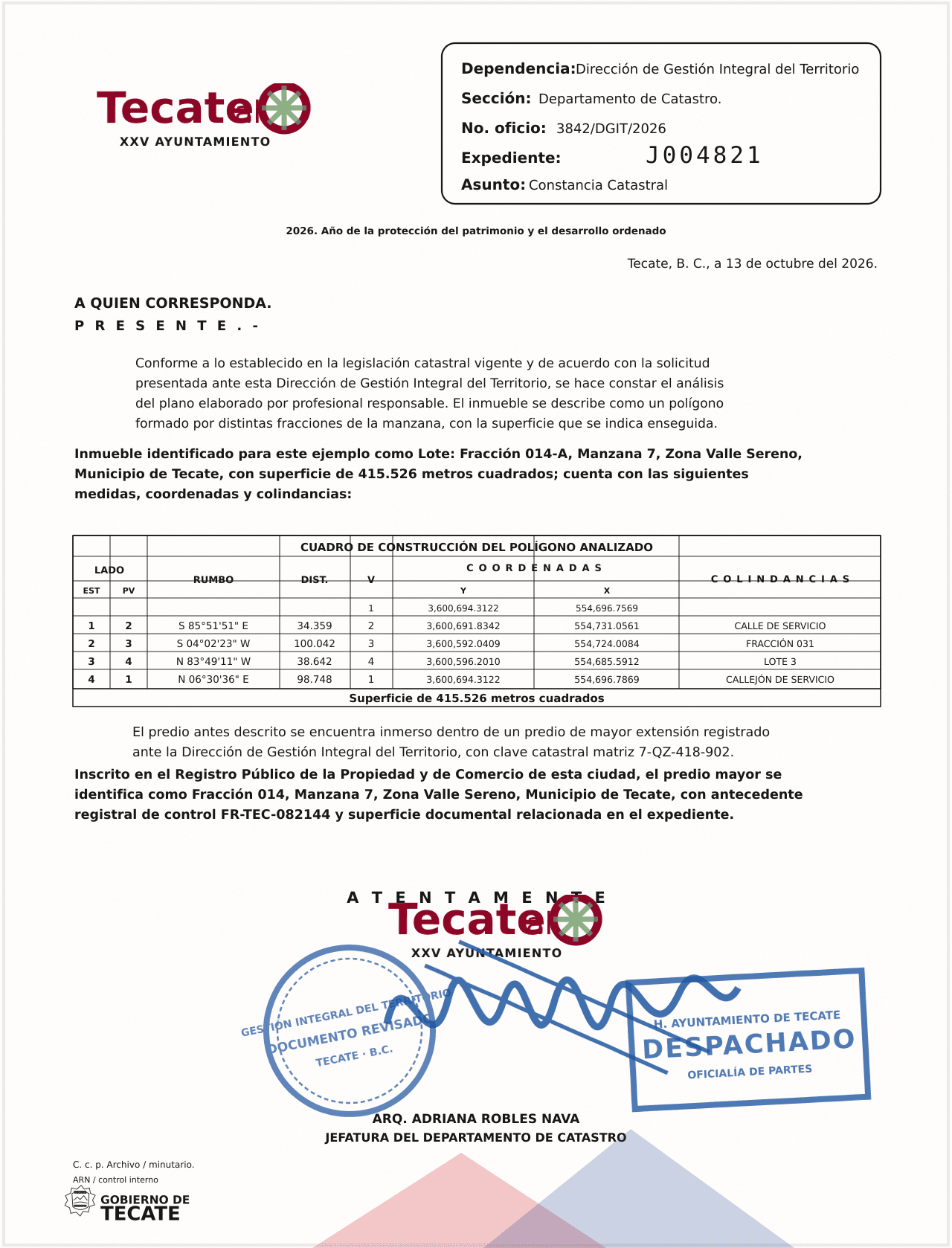 Referencia visual de una constancia catastral de Tecate con oficio, análisis, cuadro de construcción y validación municipal.