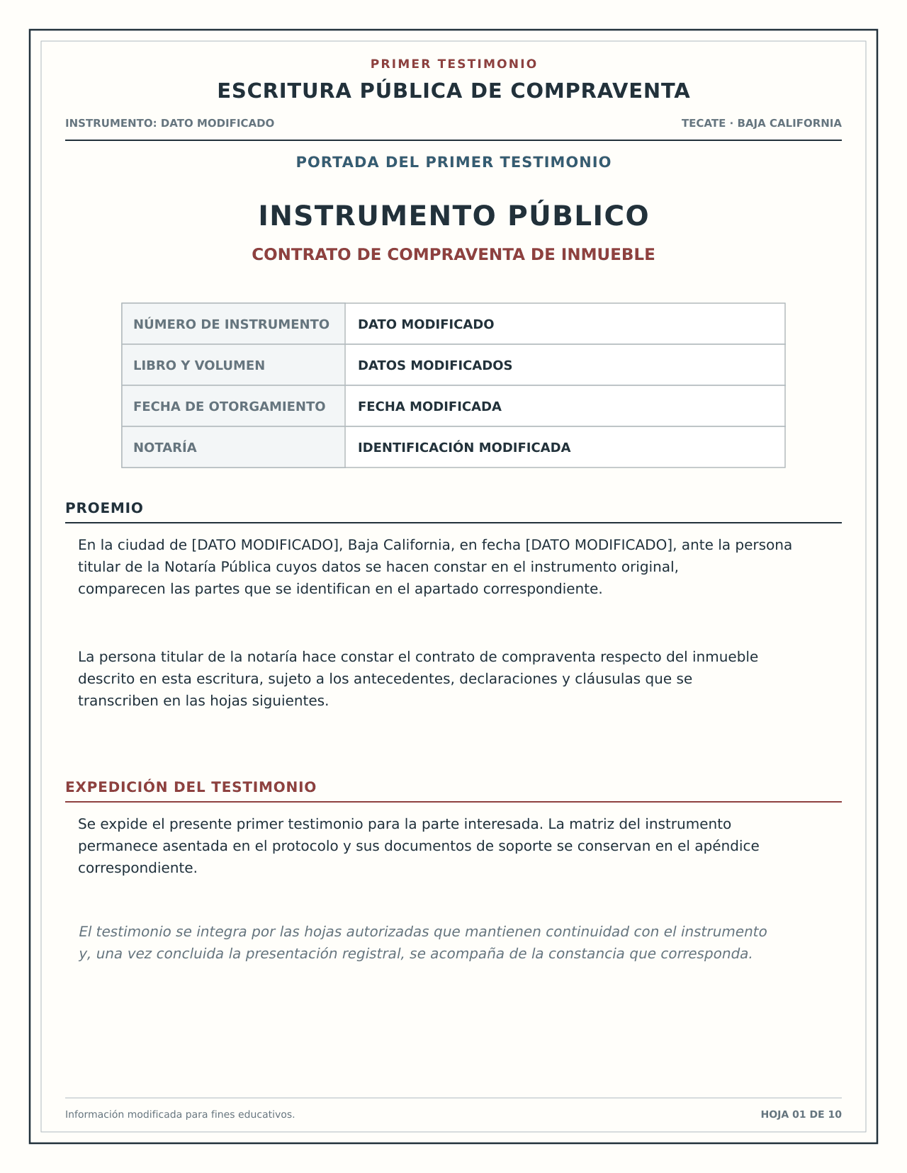 Vista educativa de la portada de un primer testimonio de escritura pública de compraventa.