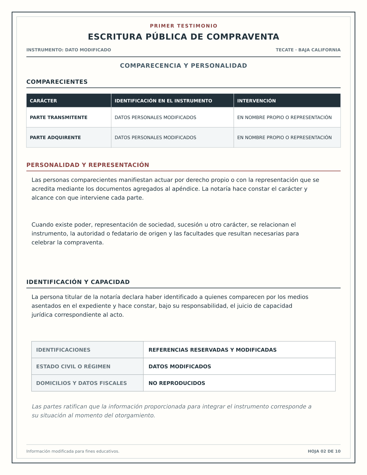 Vista educativa de comparecencia, representación y capacidad en una escritura de compraventa.