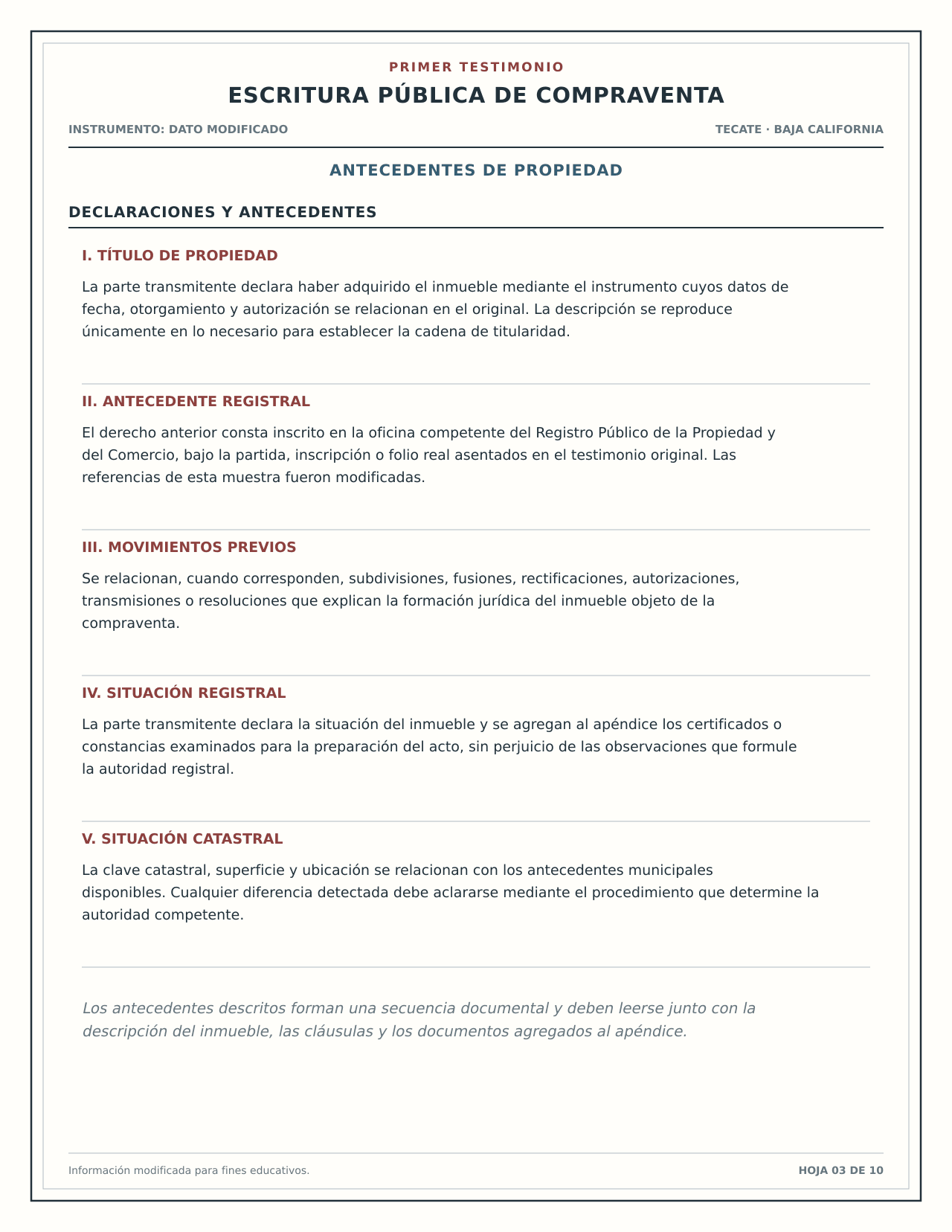 Vista educativa de la cadena de antecedentes de una propiedad dentro de una escritura.