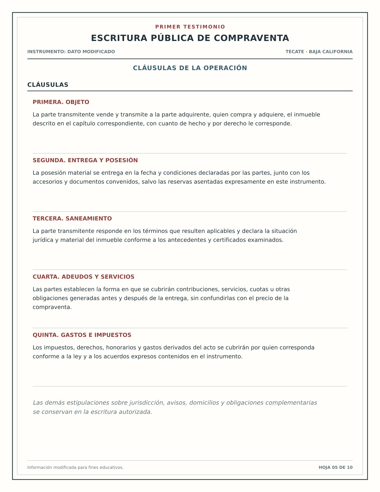 Vista educativa de cláusulas de transmisión, entrega y obligaciones en una compraventa.