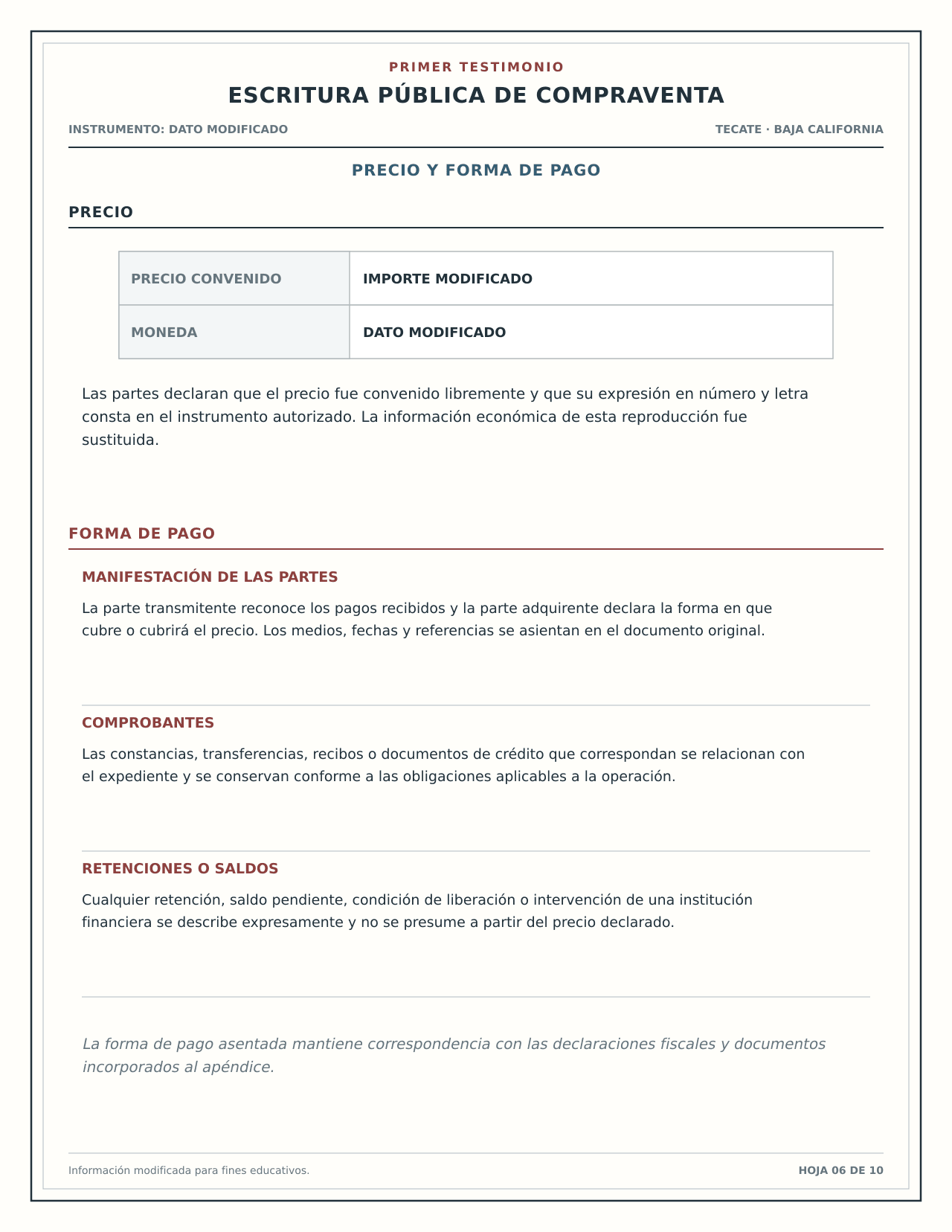 Vista educativa de precio, forma de pago y trazabilidad en una escritura de compraventa.