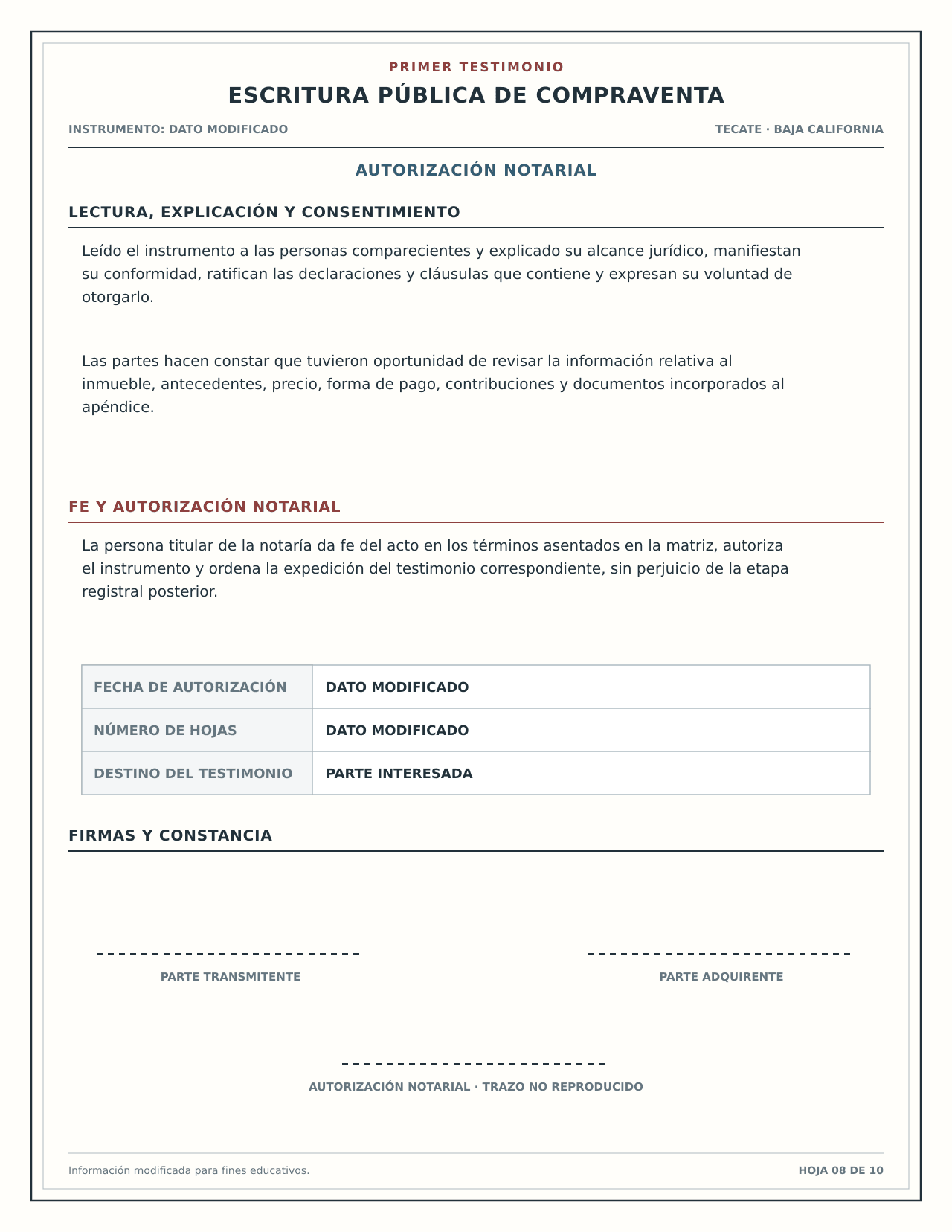 Vista educativa de lectura, autorización y constancia final de un testimonio notarial.