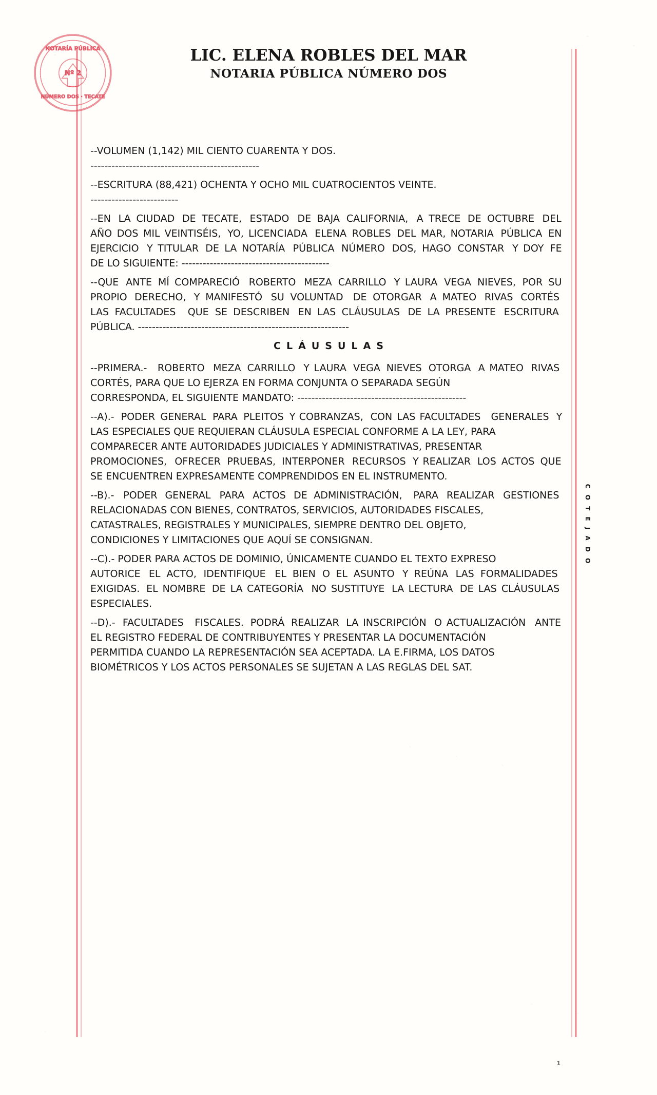 Primera hoja de referencia de un poder limitado con comparecencia y facultades notariales.