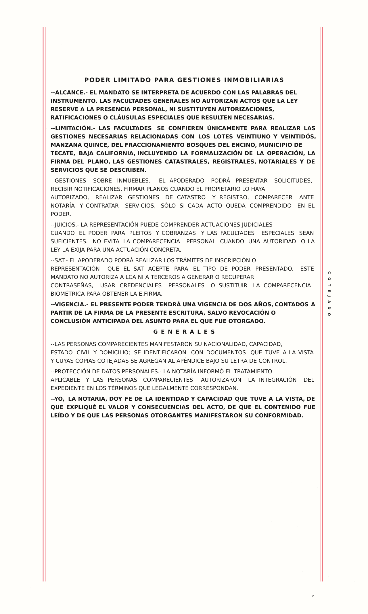 Segunda hoja de referencia de un poder limitado con propiedades, gestiones, SAT, juicios y vigencia.