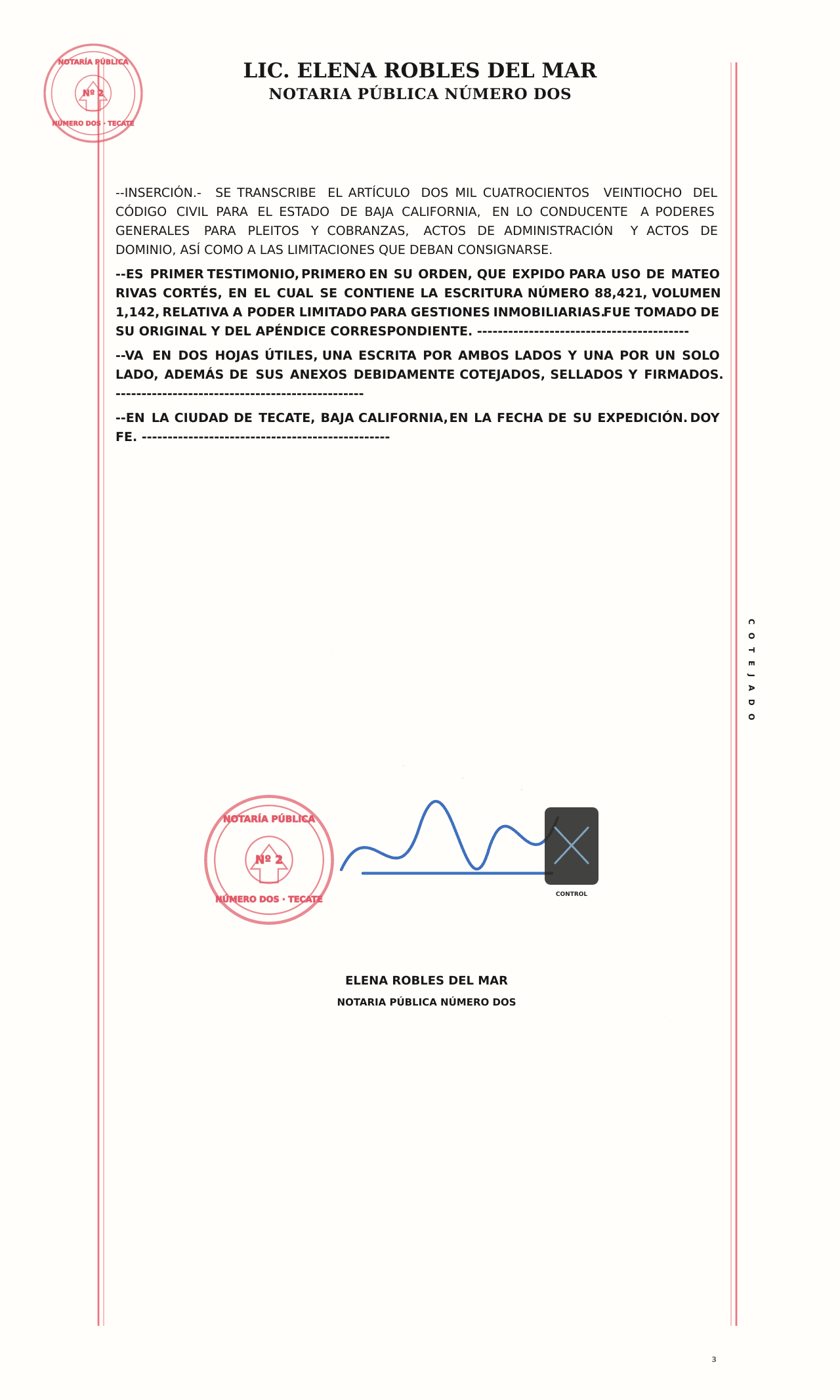 Tercera hoja de referencia de un poder limitado con expedición, firma y sello notarial.