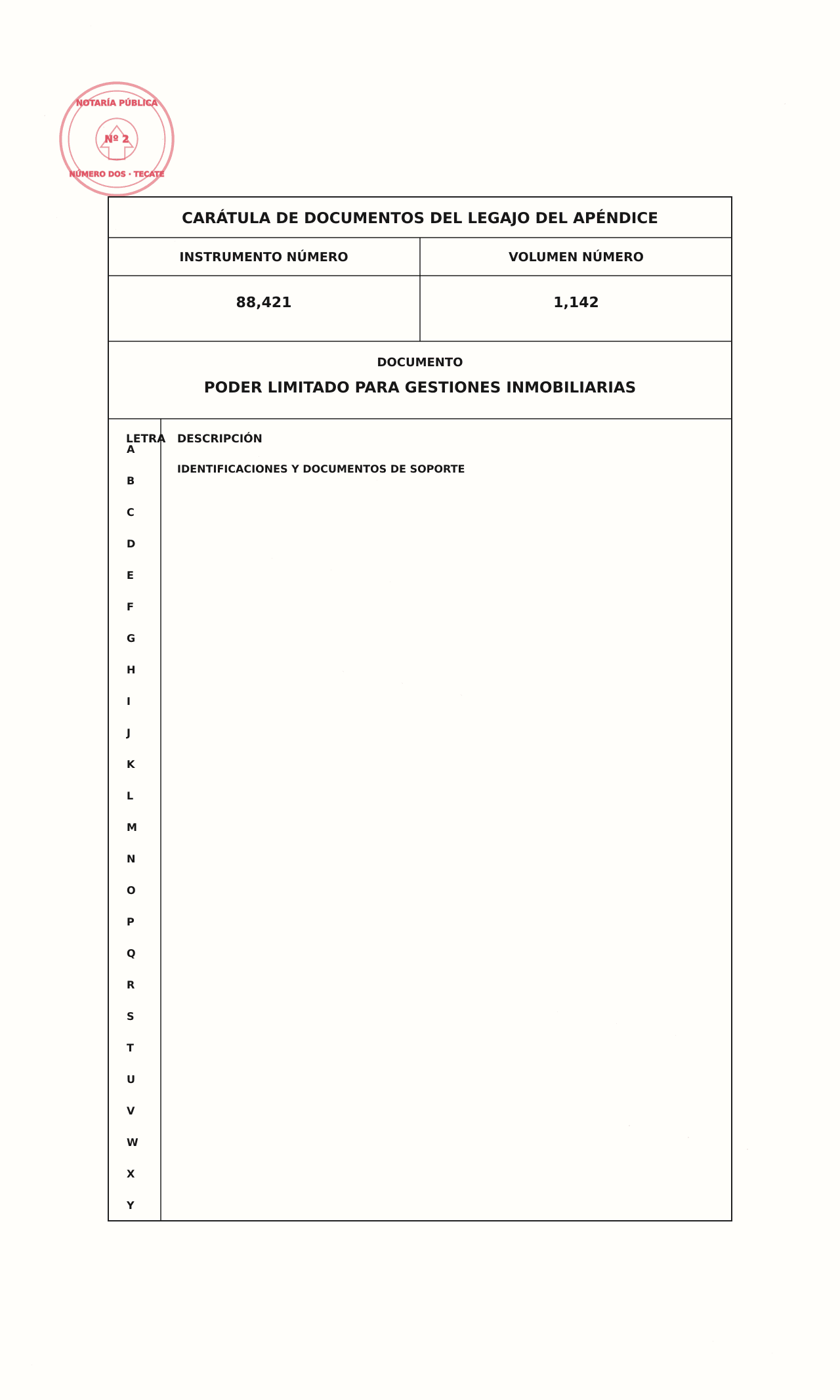 Cuarta hoja de referencia con carátula del apéndice de un poder limitado notarial.