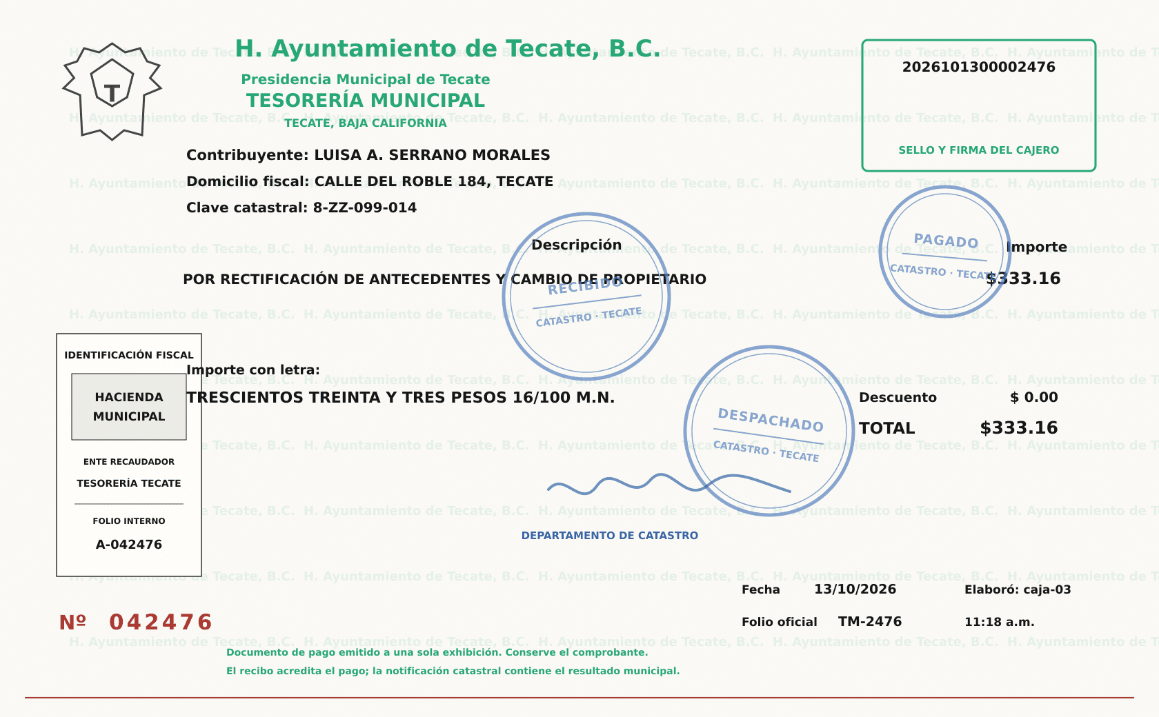 Reproducción de un recibo municipal de cambio de propietario catastral de Tecate con información modificada y seis puntos explicativos.