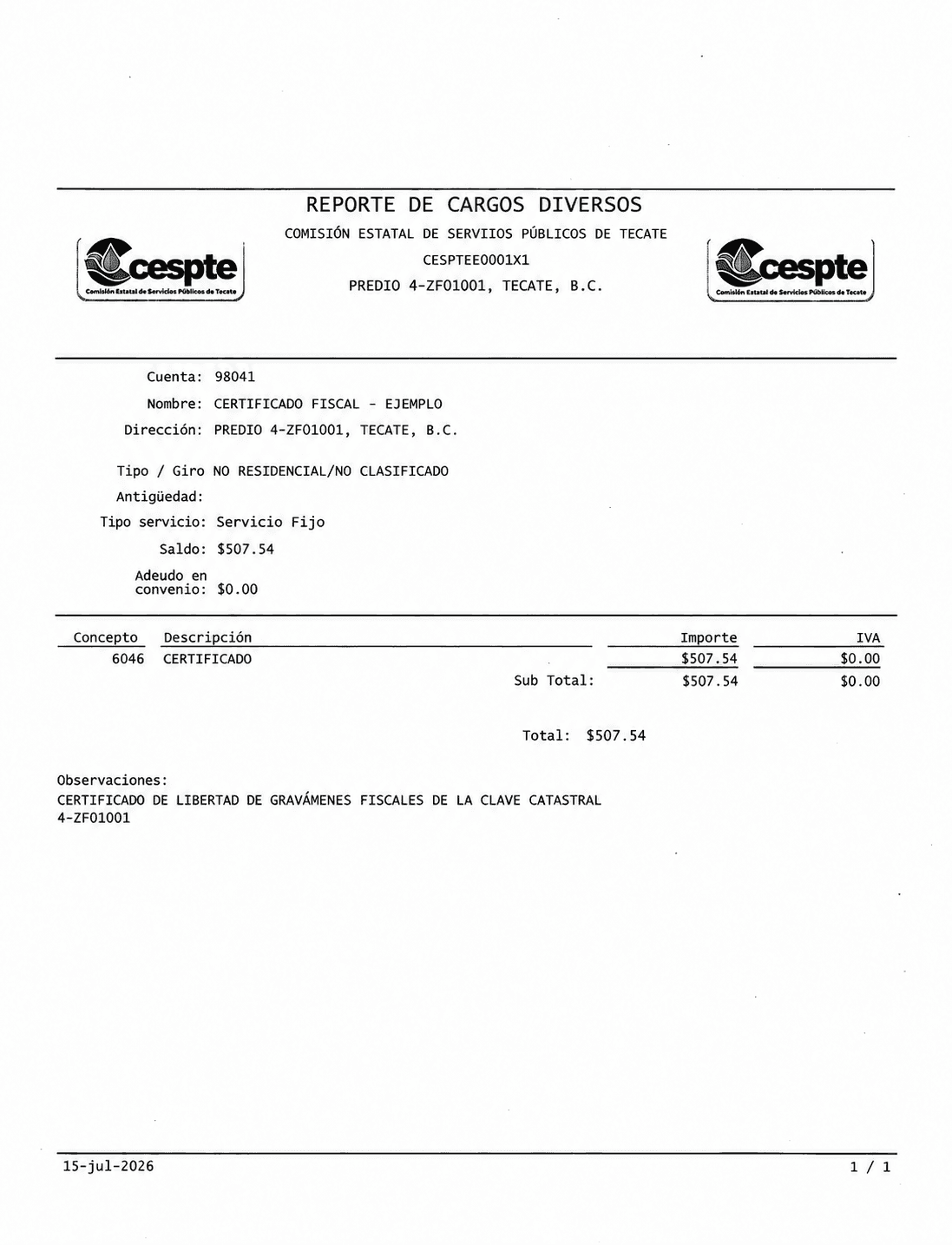 Ejemplo del reporte de cargo de CESPTE para un CLG fiscal con información ficticia y cuatro puntos explicativos.