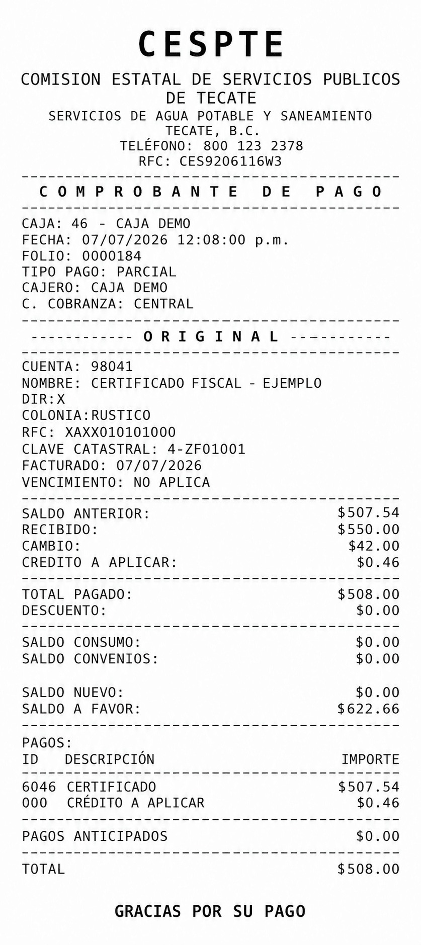 Ejemplo vertical de un comprobante de pago de CESPTE con información ficticia y seis puntos explicativos.