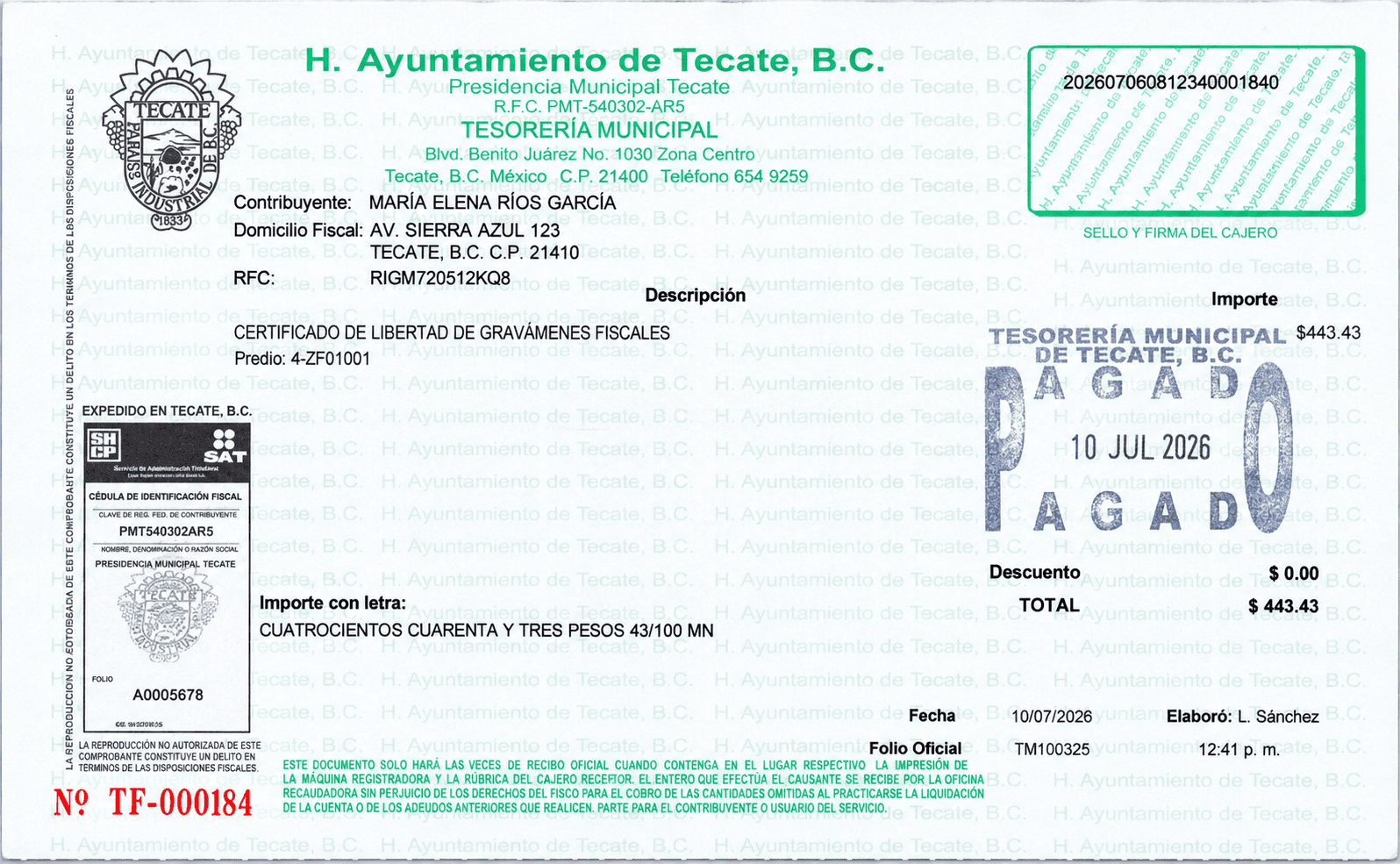 Ejemplo horizontal de un recibo municipal del CLG fiscal de Tecate con información ficticia y seis puntos explicativos.