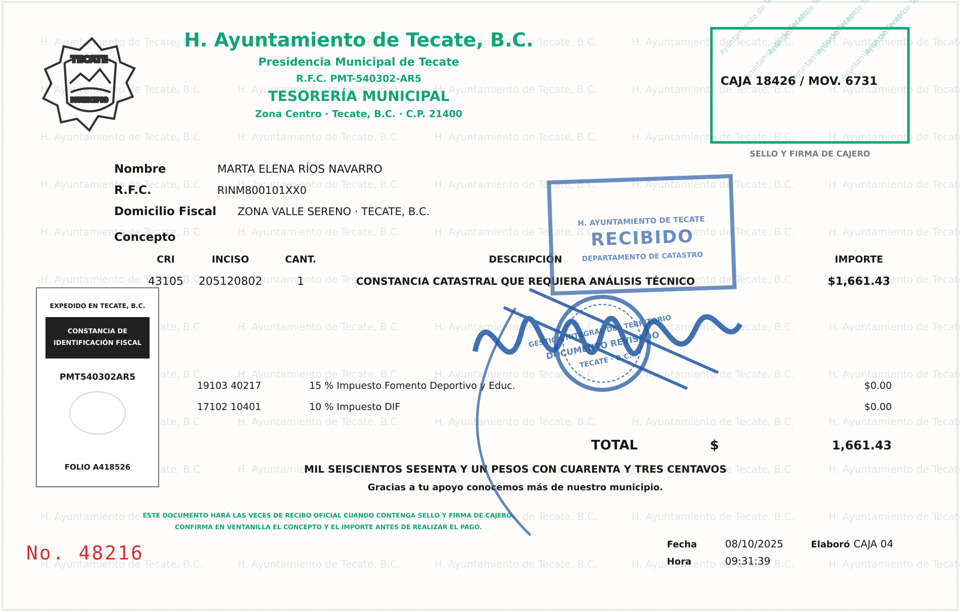 Referencia visual horizontal de un recibo municipal por constancia catastral con concepto, importe histórico y controles de pago.