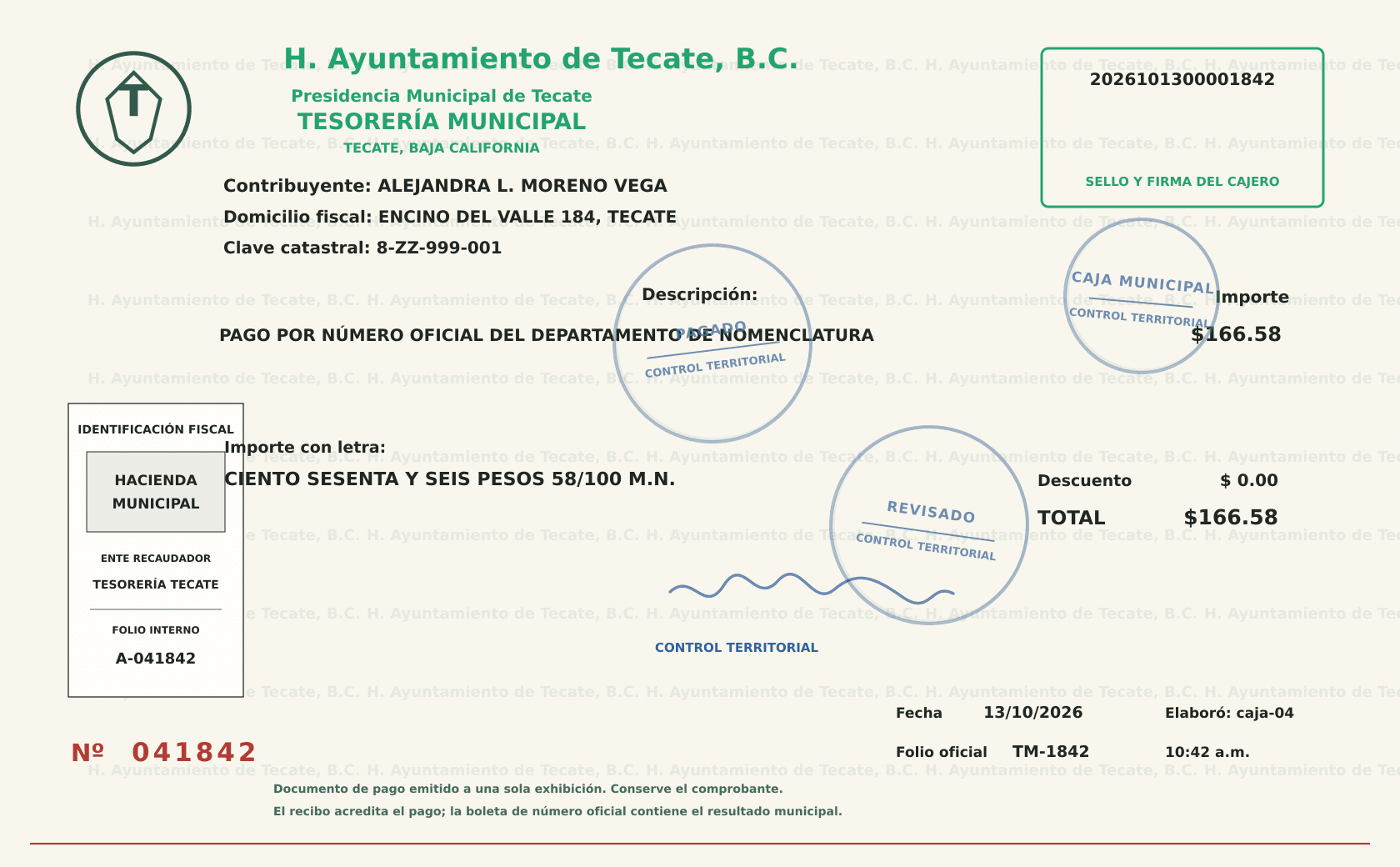 Reproducción de un recibo municipal de número oficial de Tecate con información modificada y seis puntos explicativos.