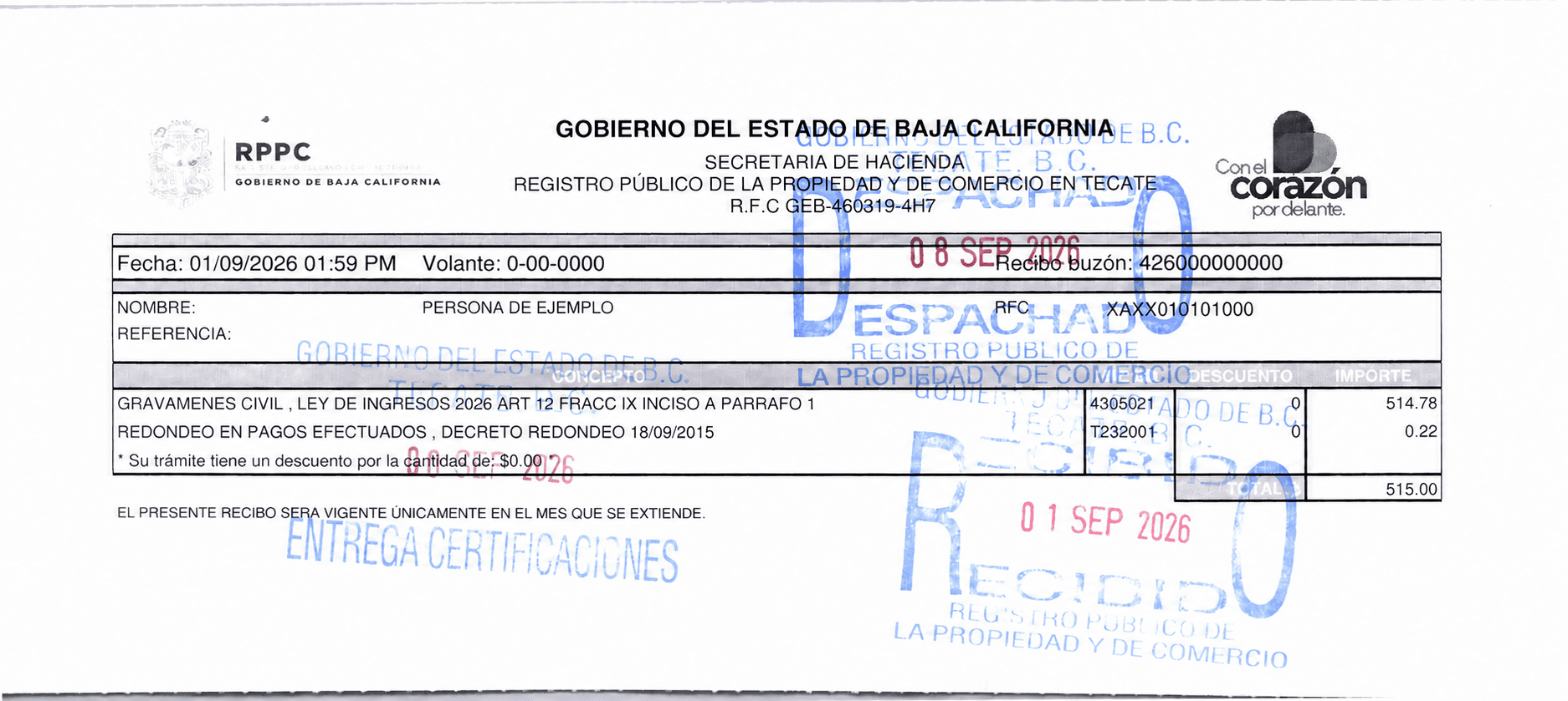 Ejemplo horizontal de un recibo de pago del RPPC de Tecate con información modificada y siete puntos explicativos.