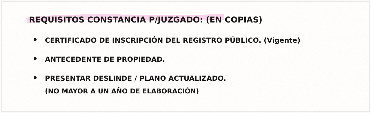 Referencia visual de la segunda hoja con requisitos para una constancia vinculada a un expediente judicial.