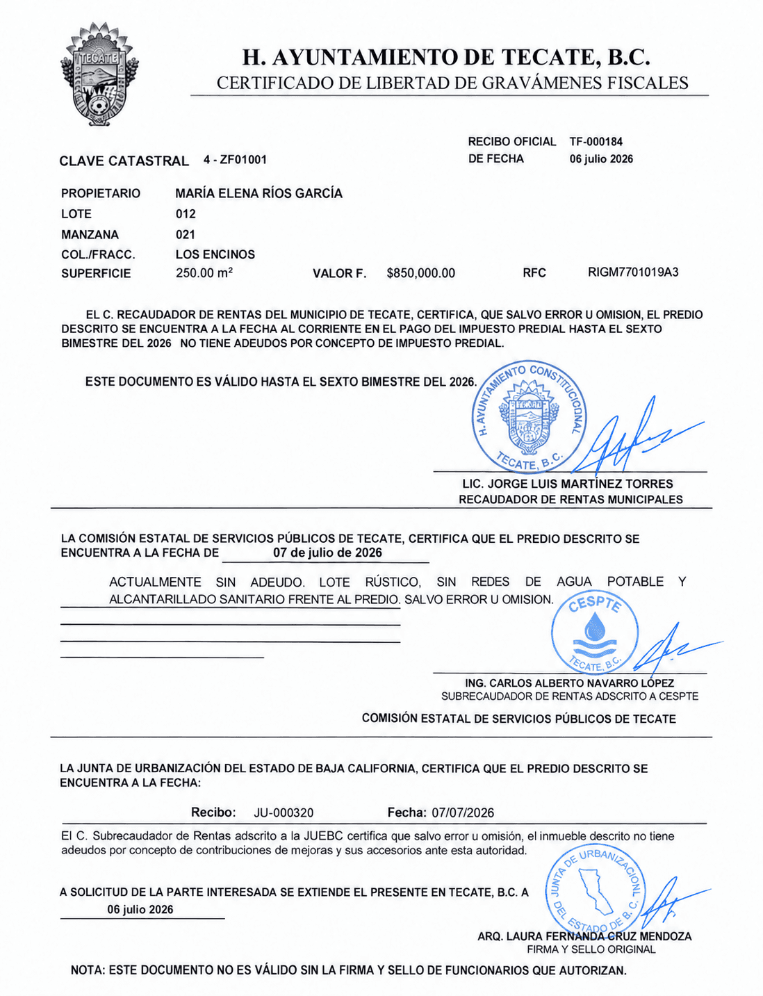 Ejemplo del Certificado de Libertad de Gravámenes Fiscales de Tecate con información ficticia y seis puntos explicativos.
