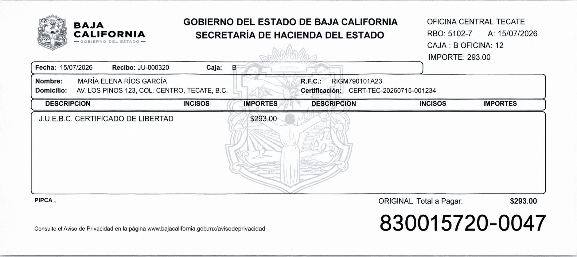 Ejemplo horizontal de un recibo de Junta de Urbanización para el CLG fiscal con información ficticia y cinco puntos explicativos.